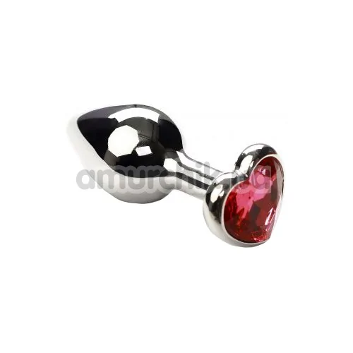 Анальная пробка с розовым кристаллом SWAROVSKI Silver Heart Pink-Rhodolite, серебряная