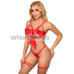 Комплект Star Night Openable Bow Sexy Bra Set, червоний: бюстгальтер + трусики-стрінги + гартери - Фото №1