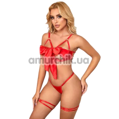 Комплект Star Night Openable Bow Sexy Bra Set, красный: бюстгальтер + трусики-стринги + гартеры - Фото №1