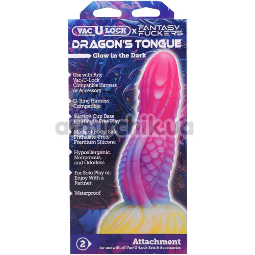 Фалоімітатор Doc Johnson Vac-U-Lock x Fantasy Fuckers Dragon's Tongue - світиться в темряві, рожево-фіолетовий