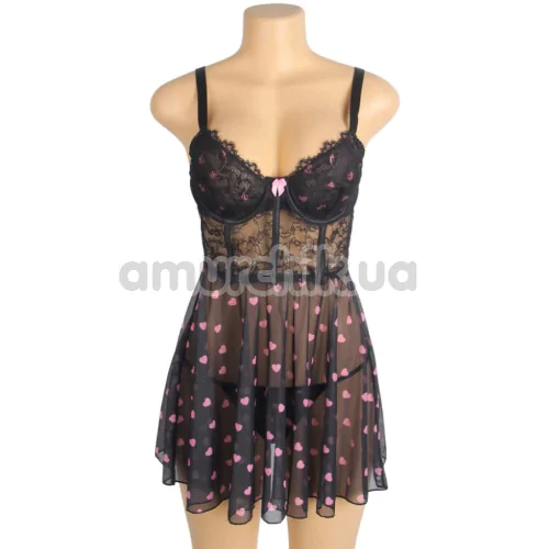 Комплект Star Night Sexy Black Lace Set With Heart Design, чорний: пеньюар + трусики-стрінги