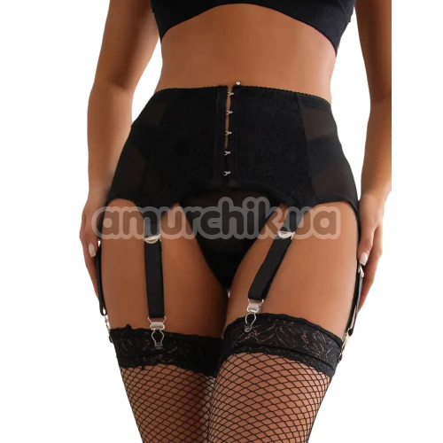Комплект Star Night Crotchet Garter Belt, черный: пояс для чулок + трусики-стринги - Фото №1