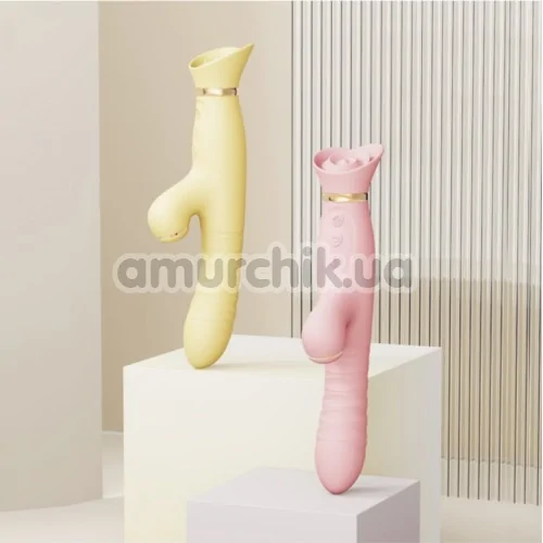 Вибратор с вакуумным стимулятором и толчками Zalo Rose Rabbit Thruster, розовый