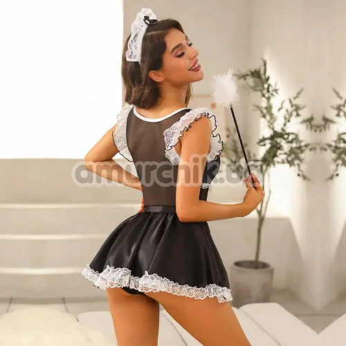 Костюм горничной JSY Sexy Lingerie 8308, черный: боди + юбка + головной убор + метелка