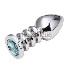 Анальная пробка с голубым кристаллом SWAROVSKI Пикантные Штучки ребристая, серебряная - Фото №1