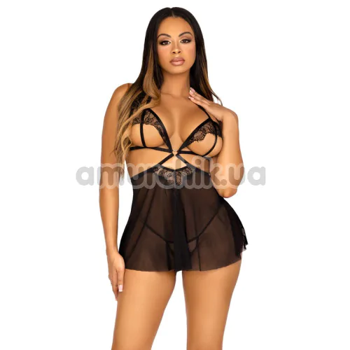 Комплект Leg Avenue Love Language Open Cup Babydoll, черный: пеньюар + трусики-стринги