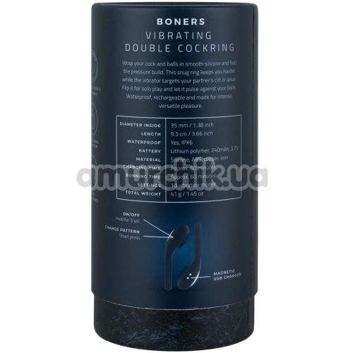 Виброкольцо для члена Boners Vibrating Double Cock Ring, синее
