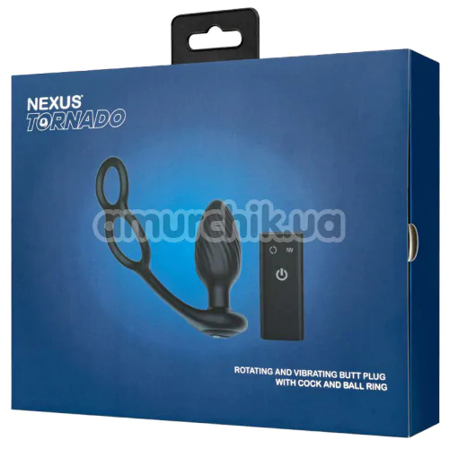 Анальная пробка с вибрацией, ротацией и эрекционным кольцом Nexus Tornado Cock and Ball Ring, черная