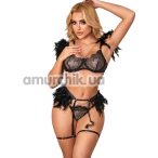 Комплект Star Night Sensual Feather & Chains, чорний: бюстгальтер + трусики-стрінги + пояс для панчіх + гартери - Фото №1