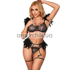 Комплект Star Night Sensual Feather & Chains, черный: бюстгальтер + трусики-стринги + пояс для чулок + гартеры - Фото №1