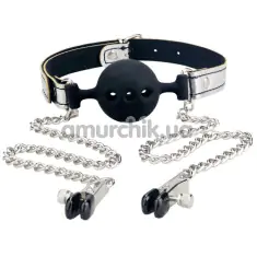 Кляп с зажимами для сосков Bondage Fetish Breathable Ball Gag With Nipple Clamp, черный - Фото №1
