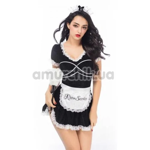 Костюм горничной JSY Nun Costume 6926 черный: платье + головной убор + трусики-стринги + фартук + метелочка
