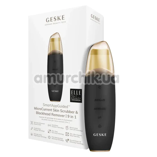 Микротоковый скрабер для кожи лица Geske MicroCurrent Skin Scrubber & Blackhead Remover 9 in 1, черно-золотой