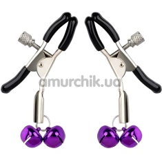 Зажимы для сосков DS Fetish Metal Nipple Clamps With Two Bells, фиолетовые - Фото №1