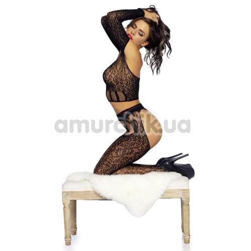 Комплект Leg Avenue Lace Lingerie Set, черный: топ + трусики-стринги + колготки