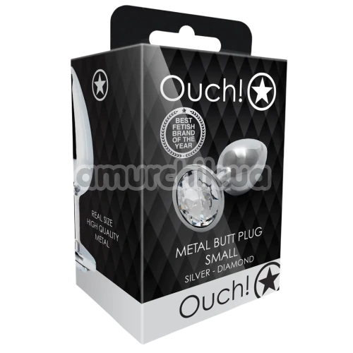 Анальная пробка с прозрачным кристаллом Ouch! Metal Butt Plug Small, серебряная