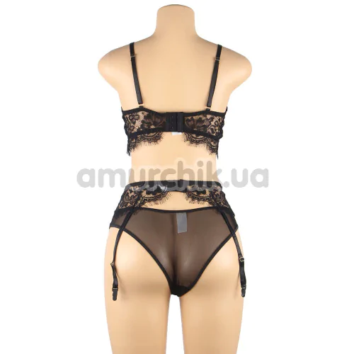 Комплект Star Night Midnight Noir Lace Lingerie Set, черный: бюстгальтер + трусики + пояс для чулок