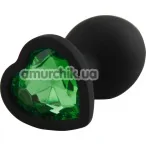 Анальна пробка із зеленим кристалом Silicone Jewelled Butt Plug Heart Small, чорна - Фото №1