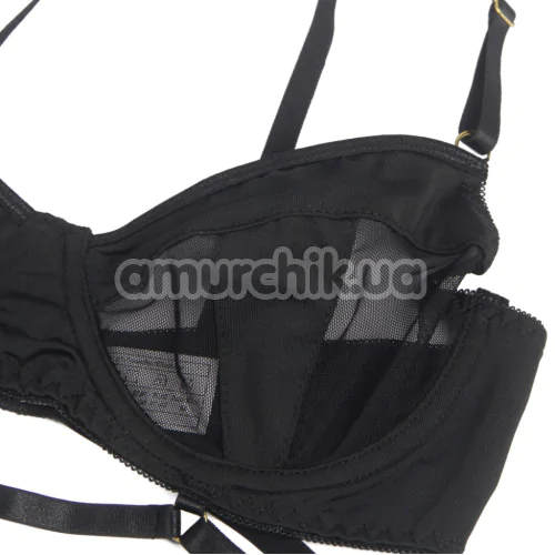 Комплект Star Night Ring & Strap Set, черный: бюстгальтер + трусики-стринги + пояс для чулок