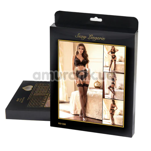 Комплект Star Night Midnight Noir Lace Lingerie Set, черный: бюстгальтер + трусики + пояс для чулок