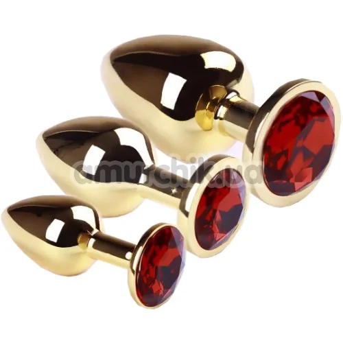 Набір з 3 анальних пробок з червоним кристалом SWAROVSKI Gold Ruby, золотий