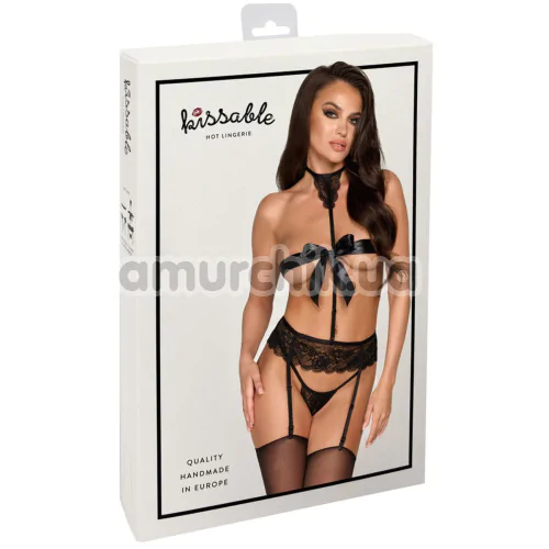 Комплект Kissable Bondage Kiss Set, черный: пояс для чулок + трусики-стринги + лента