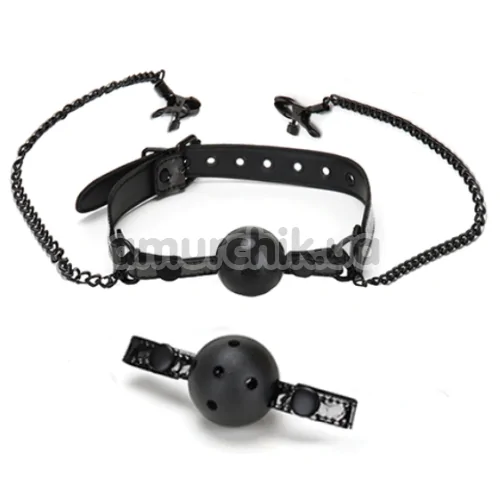 Кляп с зажимами для сосков Whipsmart Diamond Collection Ball Gag & Nipple Clips, черный - Фото №1