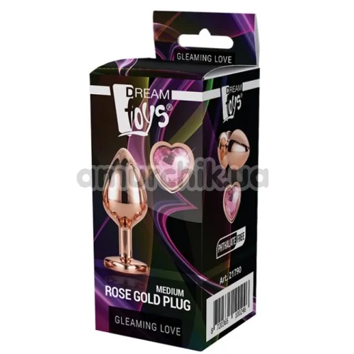 Анальная пробка с розовым кристаллом Gleaming Love Gold Plug Heart M, золотая