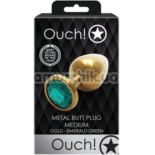 Анальна пробка з бірюзовим кристалом Ouch! Metal Butt Plug Medium, золота