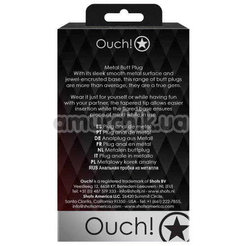 Анальна пробка з фіолетовим кристалом Ouch! Heart Metal Butt Plug Medium, чорна
