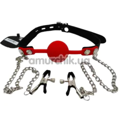 Кляп с зажимами для сосков DS Fetish Locking Gag With Nipple Clamps, красно-черный - Фото №1