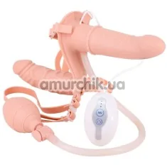 Подвійний страпон з вібрацією Double Pleasure Inflatable Strap On, тілесний - Фото №1