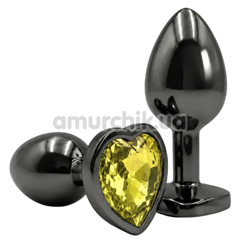 Анальна пробка з жовтим кристалом Alume Metal Heart Plug S, чорна