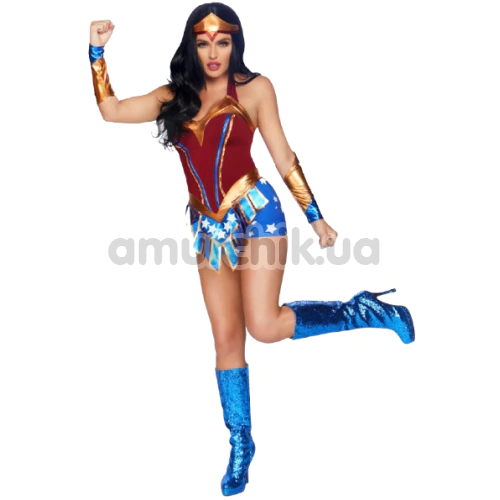 Костюм героини Leg Avenue Heart Stopping Hero Romper, сине-красный: комбинезон + перчатки + повязка на голову