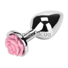 Анальная пробка со розовой розочкой Loveshop Flower, серебряная - Фото №1