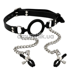 Кляп с зажимами для сосков DS Fetish Silicone Style Ring Gag, черный - Фото №1