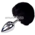 Анальна пробка з чорним хвостиком Alive Anal Pleasure Metal Anal Fluffy Plug L, срібна - Фото №1