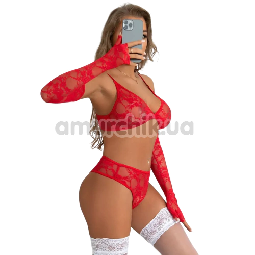 Комплект Star Night Lace Lingerie With Long Gloves, красный: бюстгальтер + трусики + перчатки