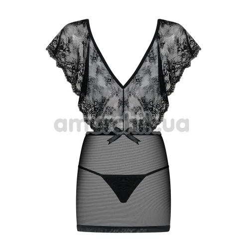 Комплект Obsessive Merossa Chemise, чёрный: пеньюар + трусики-стринги