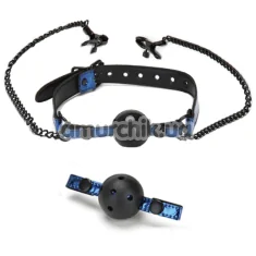 Кляп с зажимами для сосков Whipsmart Diamond Collection Ball Gag & Nipple Clips, синий - Фото №1