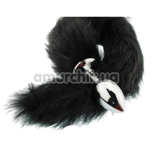 Анальная пробка с черным хвостом GYQ Metal Anal Plug With Black Tail, серебряная