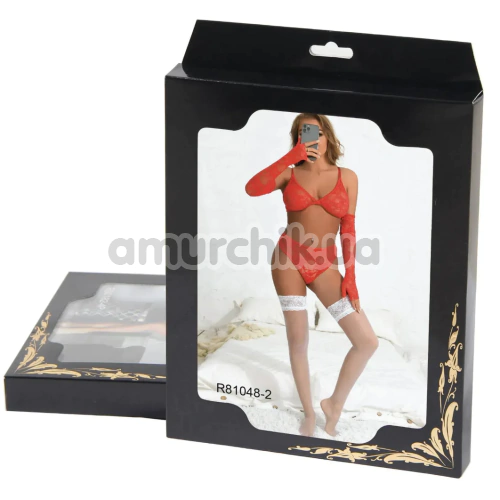 Комплект Star Night Lace Lingerie With Long Gloves, красный: бюстгальтер + трусики + перчатки