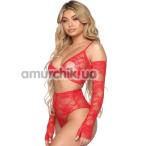 Комплект Star Night Lace Lingerie With Long Gloves, красный: бюстгальтер + трусики + перчатки - Фото №1