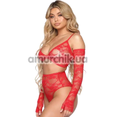 Комплект Star Night Lace Lingerie With Long Gloves, красный: бюстгальтер + трусики + перчатки - Фото №1