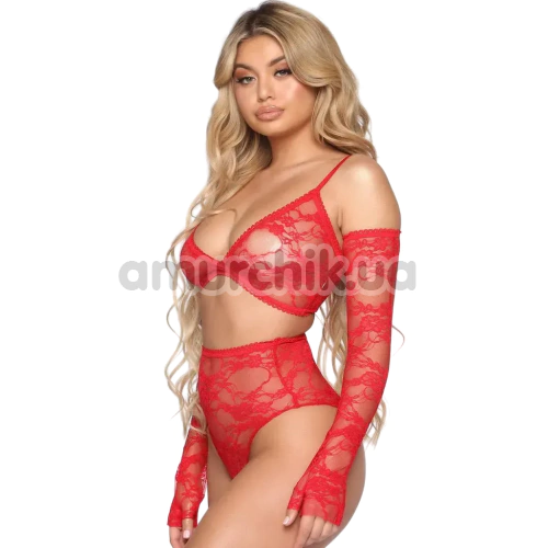Комплект Star Night Lace Lingerie With Long Gloves, красный: бюстгальтер + трусики + перчатки - Фото №1