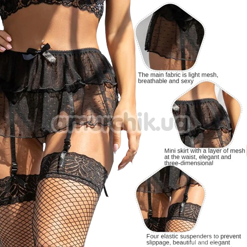 Комплект Star Night Double Lace Mini Skirt Set, черный: трусики-стринги + пояс для чулок