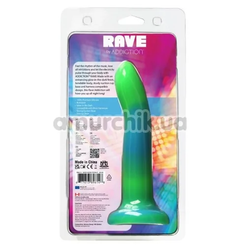 Фаллоимитатор светящийся в темноте Addiction Rave 8 + вибропуля Power Bullet, зелено-голубой