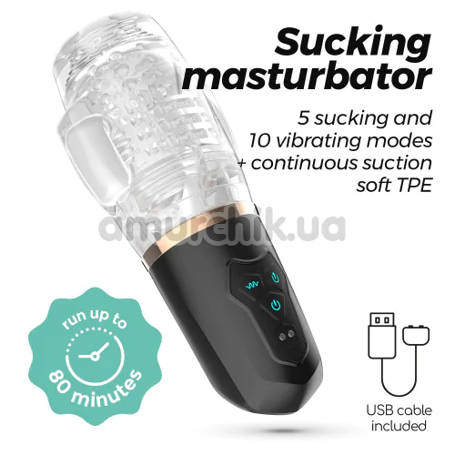 Мастурбатор з вібрацією і всмоктуванням Crushious Quasar, прозорий