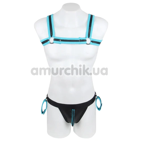 Комплект мужской Star Night Men's Set With Harness & Wrist Restraints, черно-голубой: портупея + трусы-джоки + фиксаторы для рук