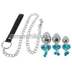 Набор из 3 анальных пробок с голубым кристаллом и поводком Butt Plug Set With A Leash, серебряный - Фото №1
